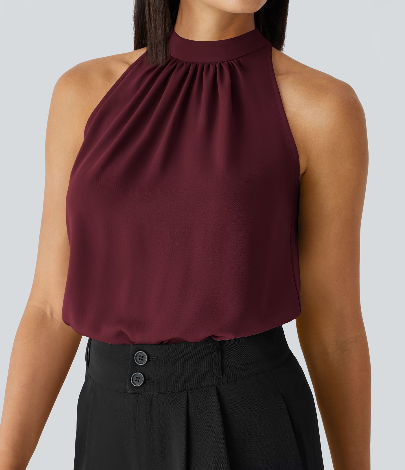 Keyhole Back Halter Sleeveless Curved Hem Women Work Blouse Top Shirt