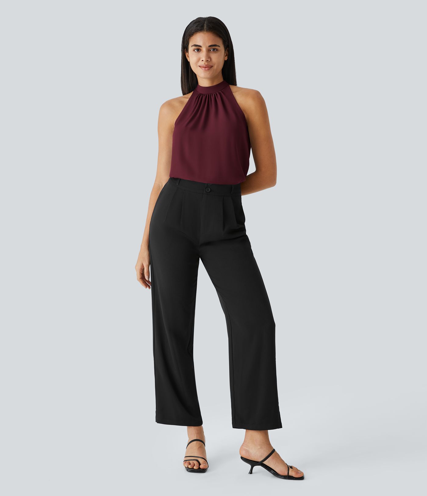 Keyhole Back Halter Sleeveless Curved Hem Women Work Blouse Top Shirt