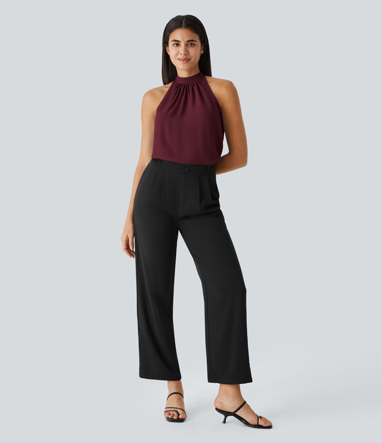 Keyhole Back Halter Sleeveless Curved Hem Women Work Blouse Top Shirt