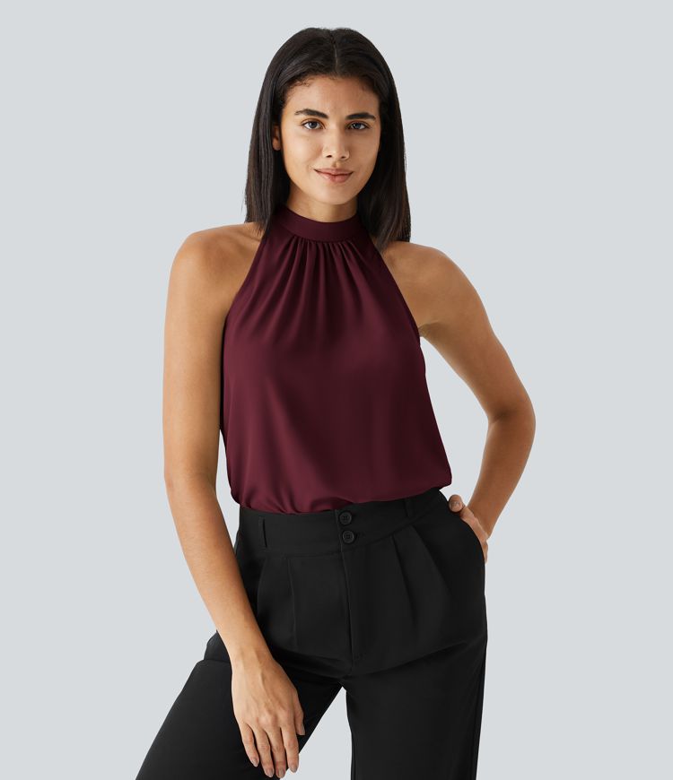 Keyhole Back Halter Sleeveless Curved Hem Women Work Blouse Top Shirt