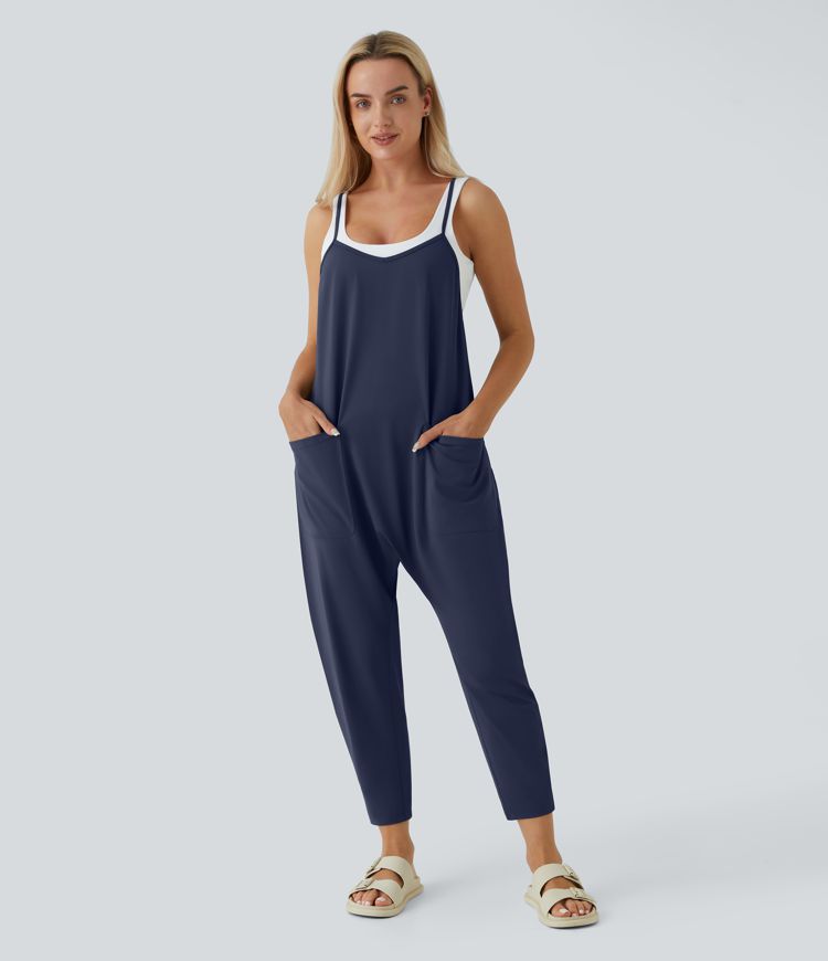 Backless Multiple Pockets Ankle Length Casual Loose Tapered Jumpsuit