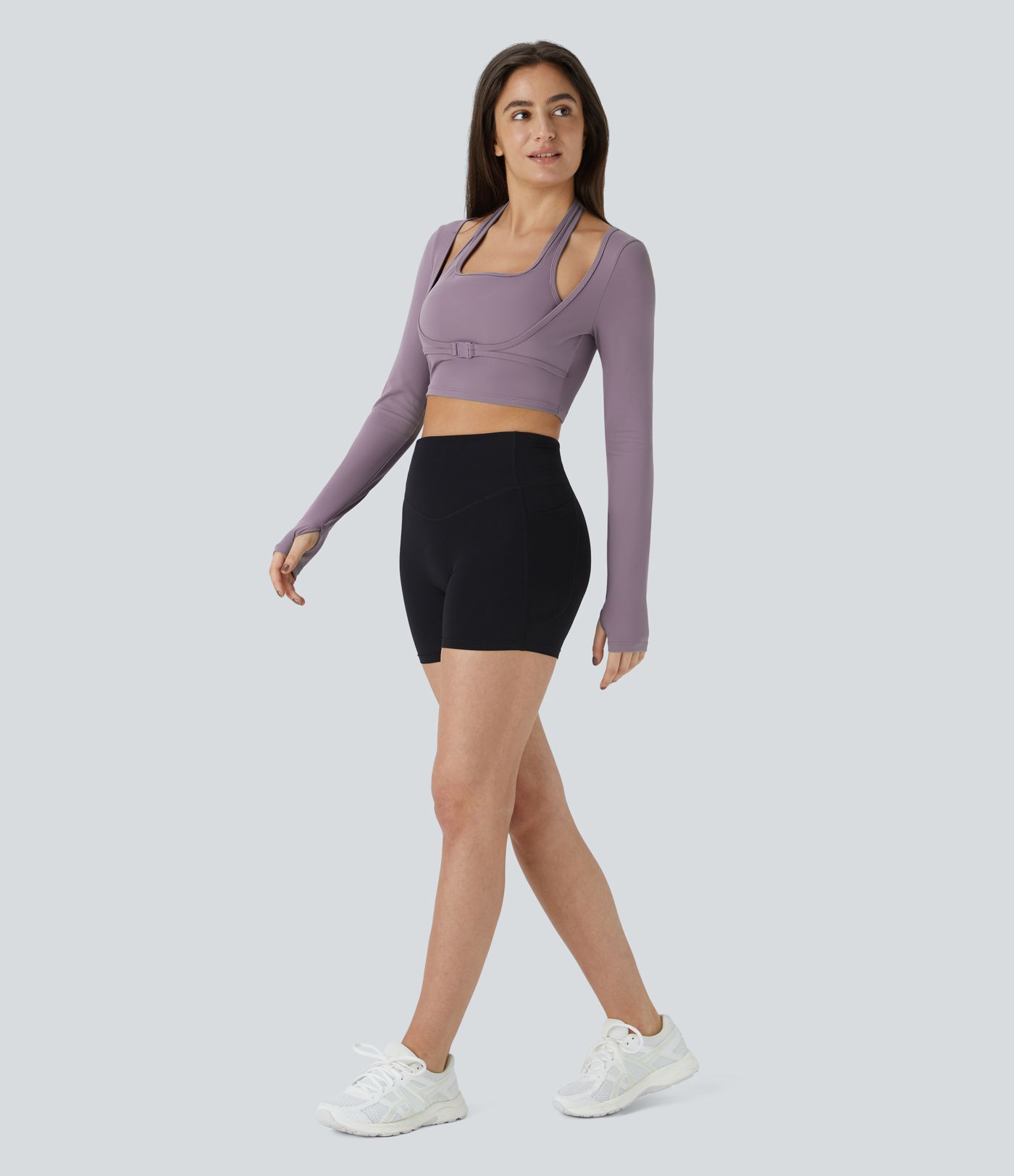 Softlyzero™ Plush Halter Neck Thumb Hole Long Sleeve Crop 2-in-1 Yoga Sports Top