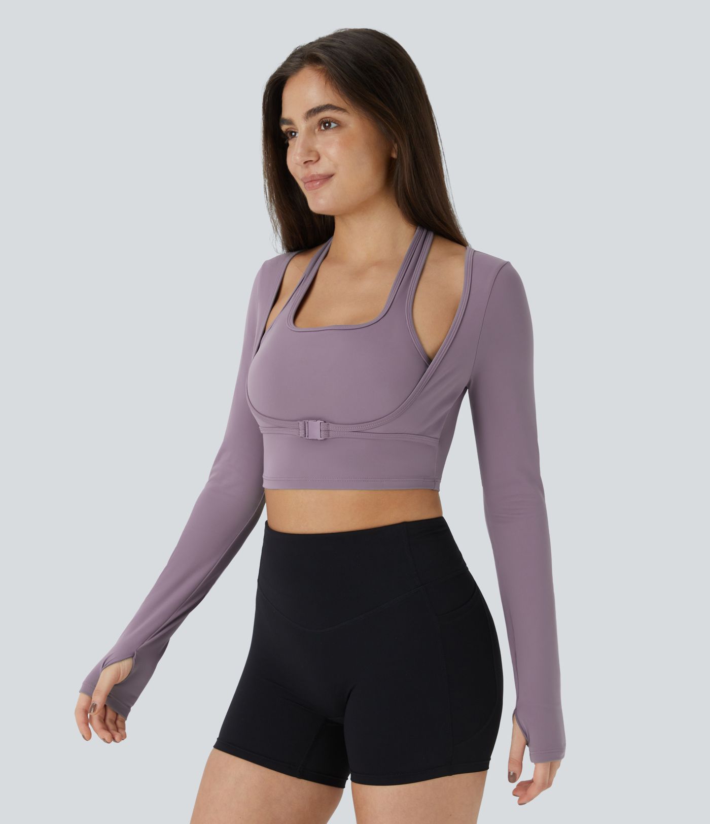 Softlyzero™ Plush Halter Neck Thumb Hole Long Sleeve Crop 2-in-1 Yoga Sports Top