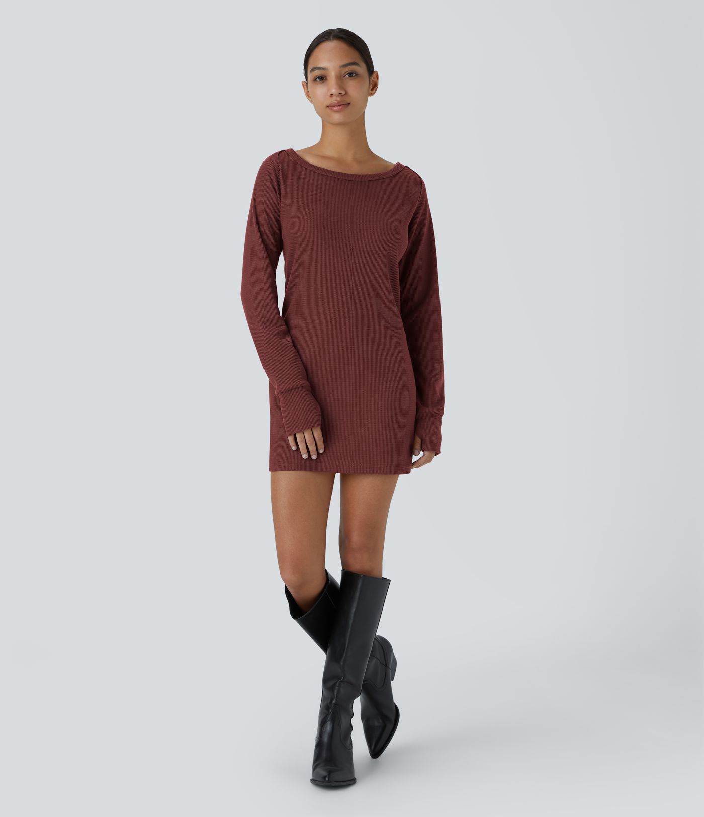 Boat Neck Raglan Sleeve Thumb Hole Hem Waffle Casual Sweatshirt Dress
