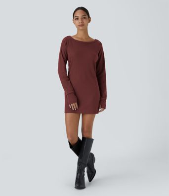 Boat Neck Raglan Sleeve Thumb Hole Hem Waffle Casual Sweatshirt Dress