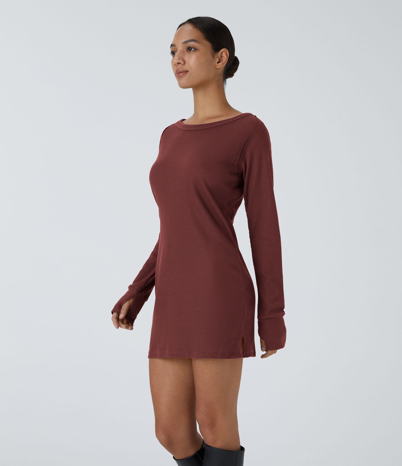 Boat Neck Raglan Sleeve Thumb Hole Hem Waffle Casual Sweatshirt Dress