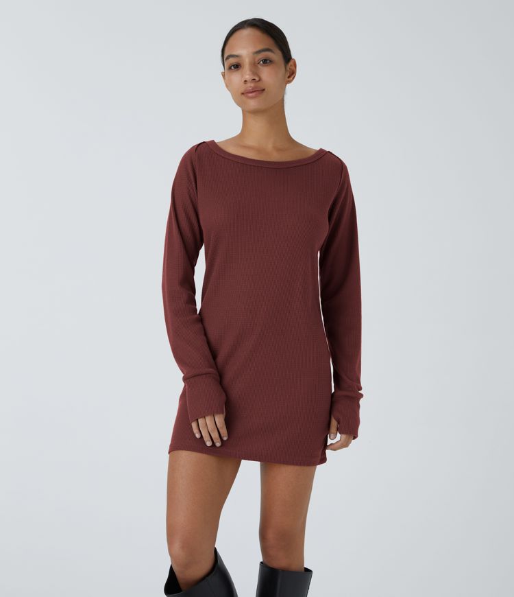 Boat Neck Raglan Sleeve Thumb Hole Hem Waffle Casual Sweatshirt Dress