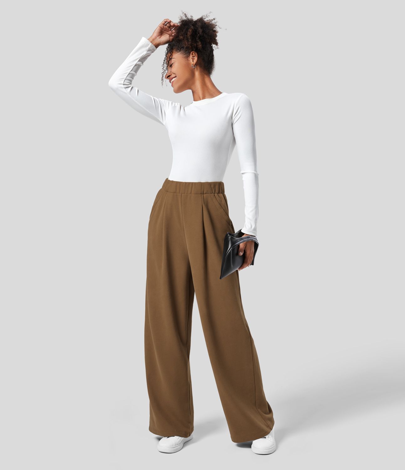 Pantalón polar tiro alto bolsillo lateral pierna ancha