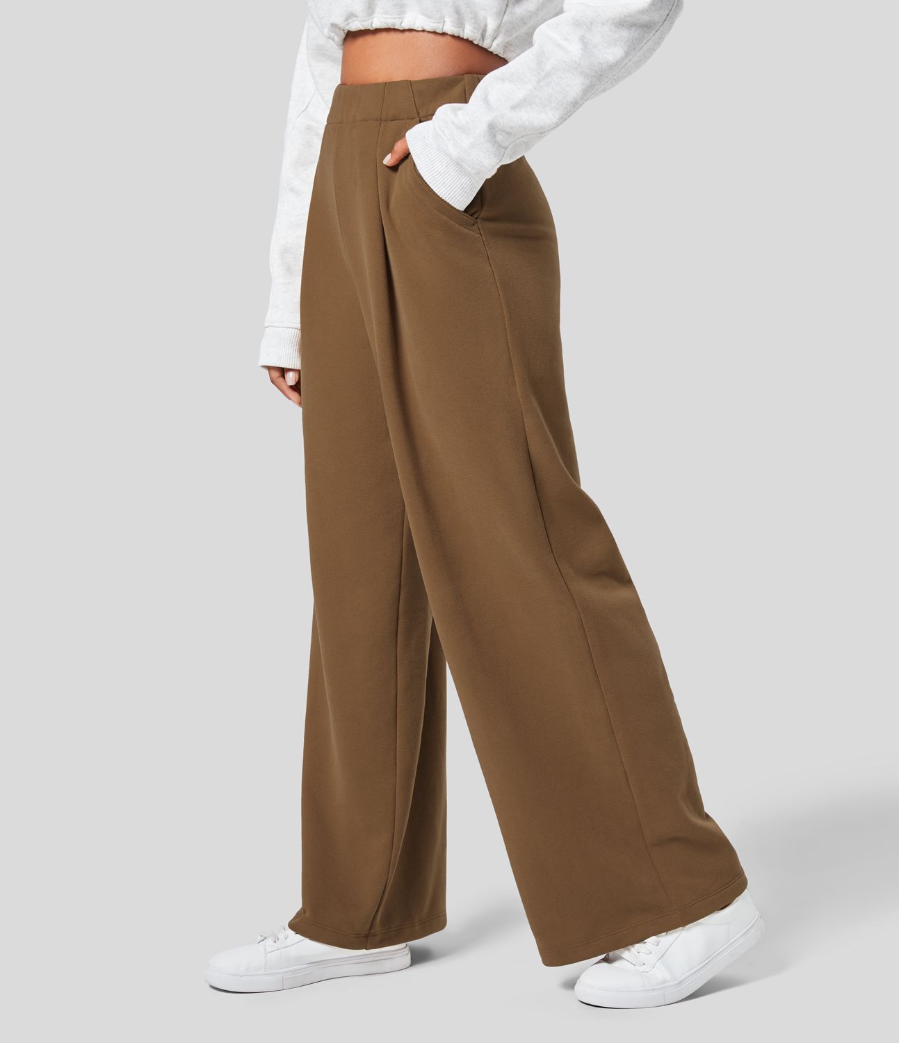 Pantalón polar tiro alto bolsillo lateral pierna ancha