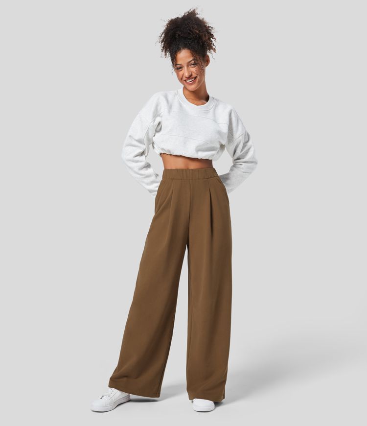 Pantalón polar tiro alto bolsillo lateral pierna ancha