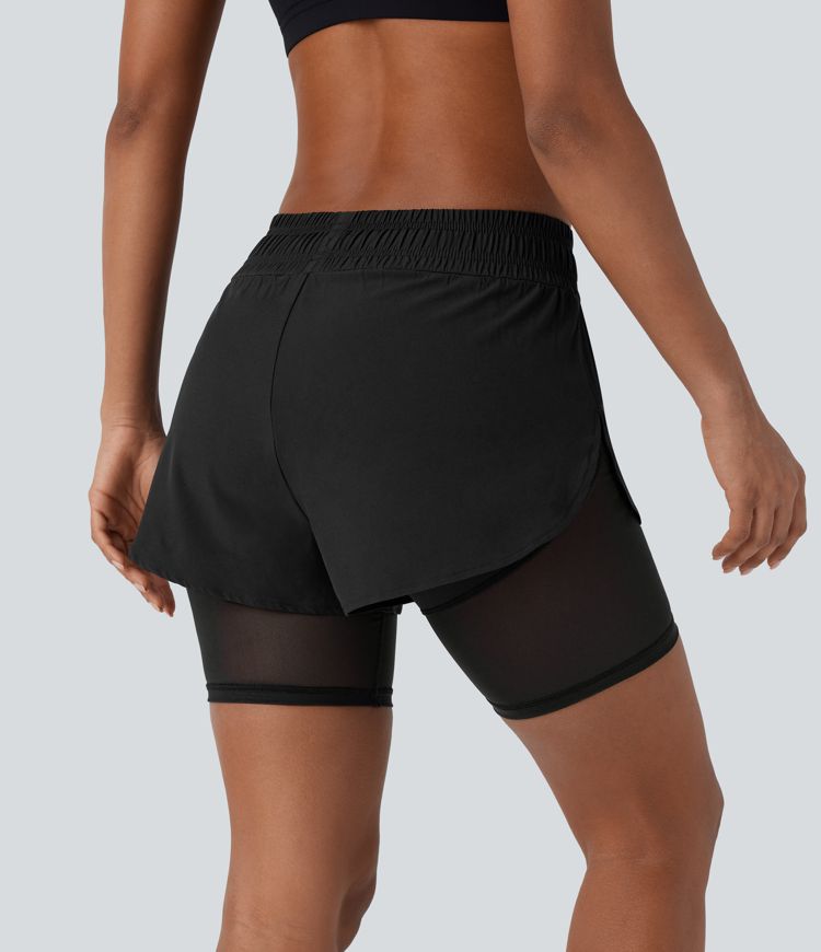 Breezeful™ Mid Rise Drawstring Contrast Mesh 2-in-1 Pocket Quick Dry Running Shorts