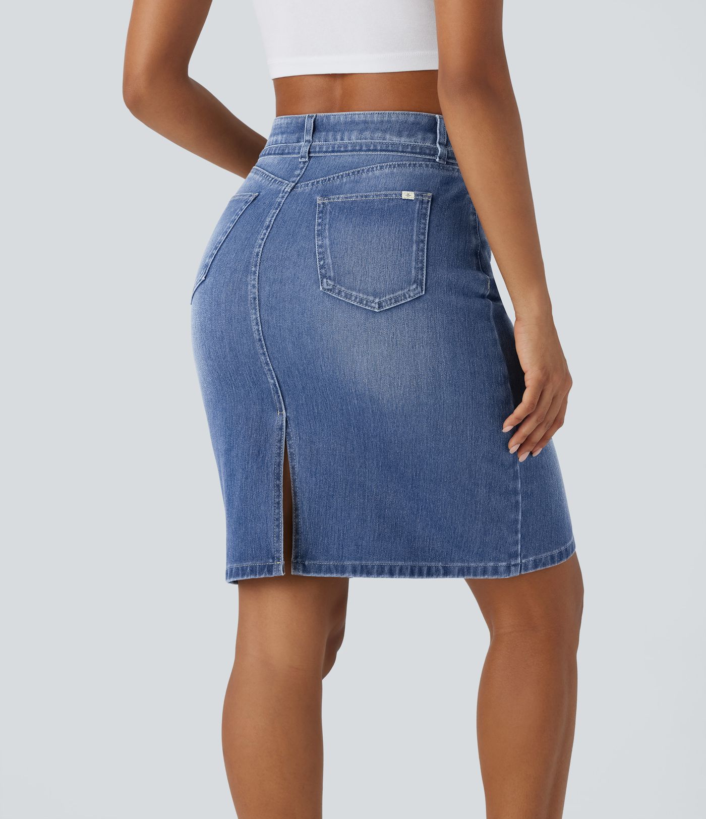 Halara Flex™ Mid Rise Zipper Pockets Washed Denim Midi Casual Skirt