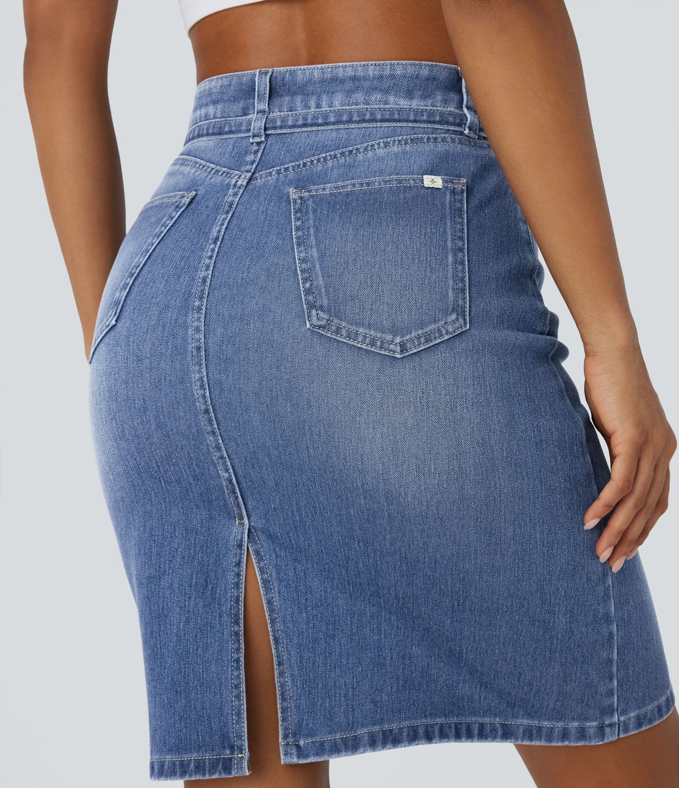 Halara Flex™ Mid Rise Zipper Pockets Washed Denim Midi Casual Skirt