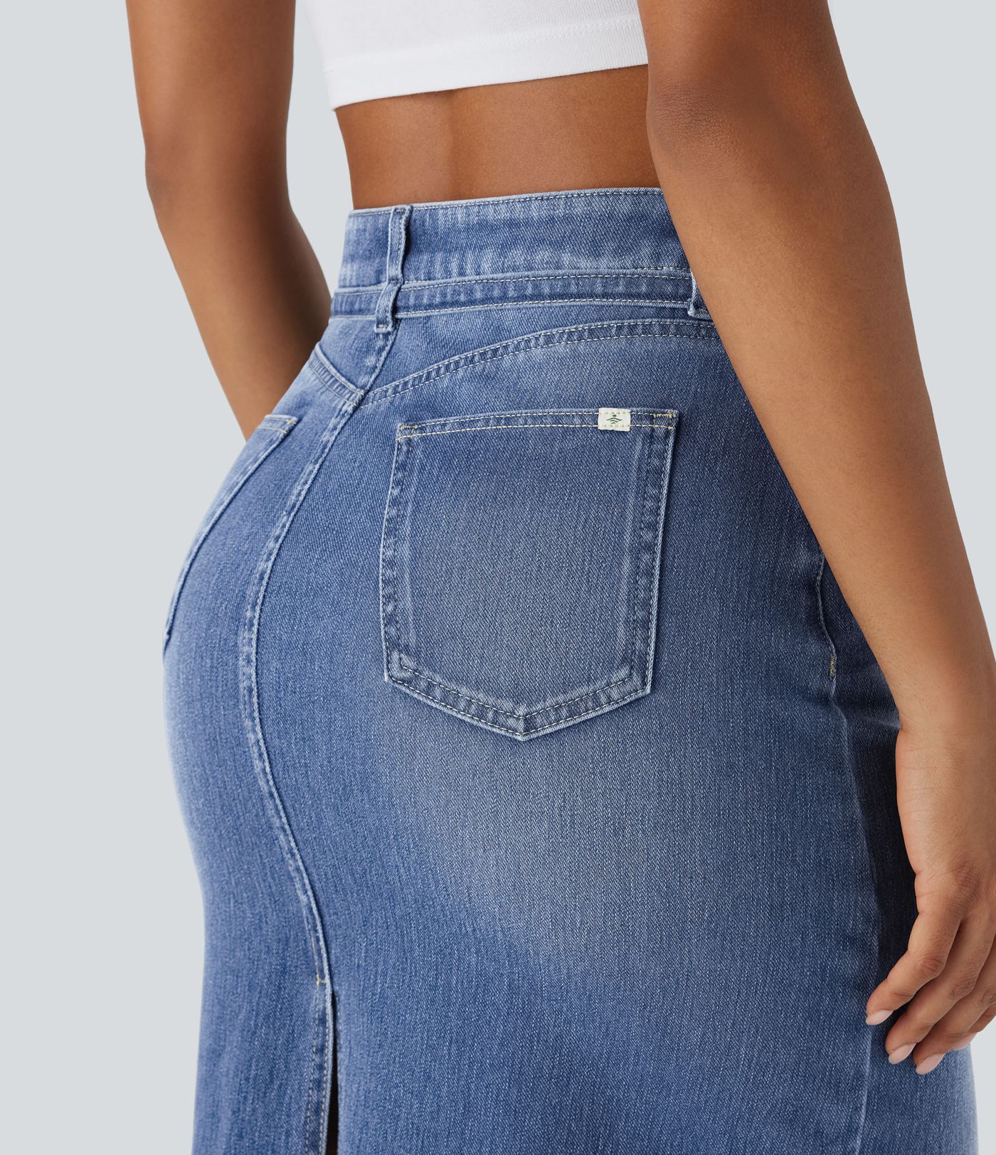 Halara Flex™ Mid Rise Zipper Pockets Washed Denim Midi Casual Skirt