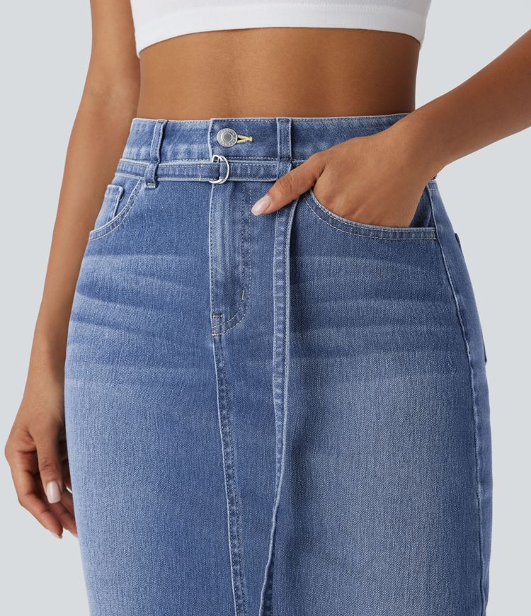 Jupe en Jean midi décontractée extensible délavée à taille moyenne avec boutons, fermeture éclair, poches multiples et fente