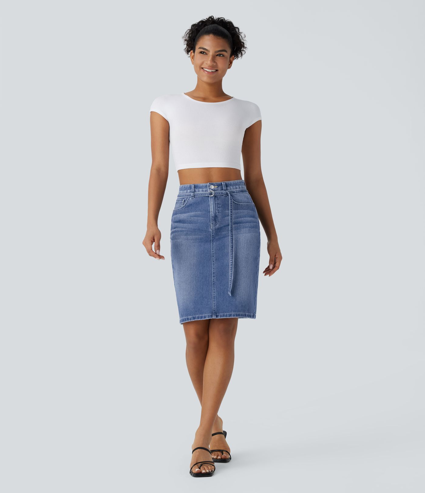 Halara Flex™ Mid Rise Zipper Pockets Washed Denim Midi Casual Skirt
