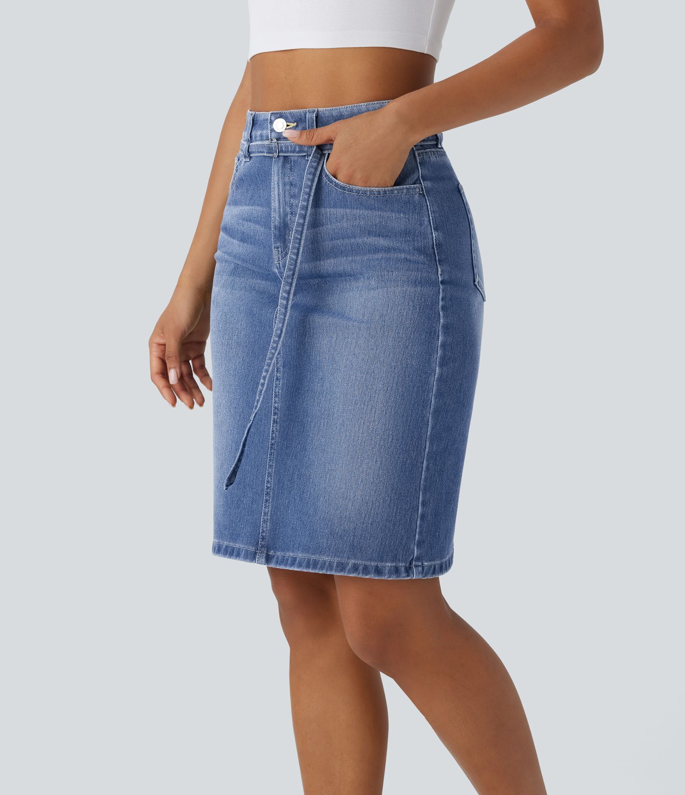 Halara Flex™ Mid Rise Zipper Pockets Washed Denim Midi Casual Skirt