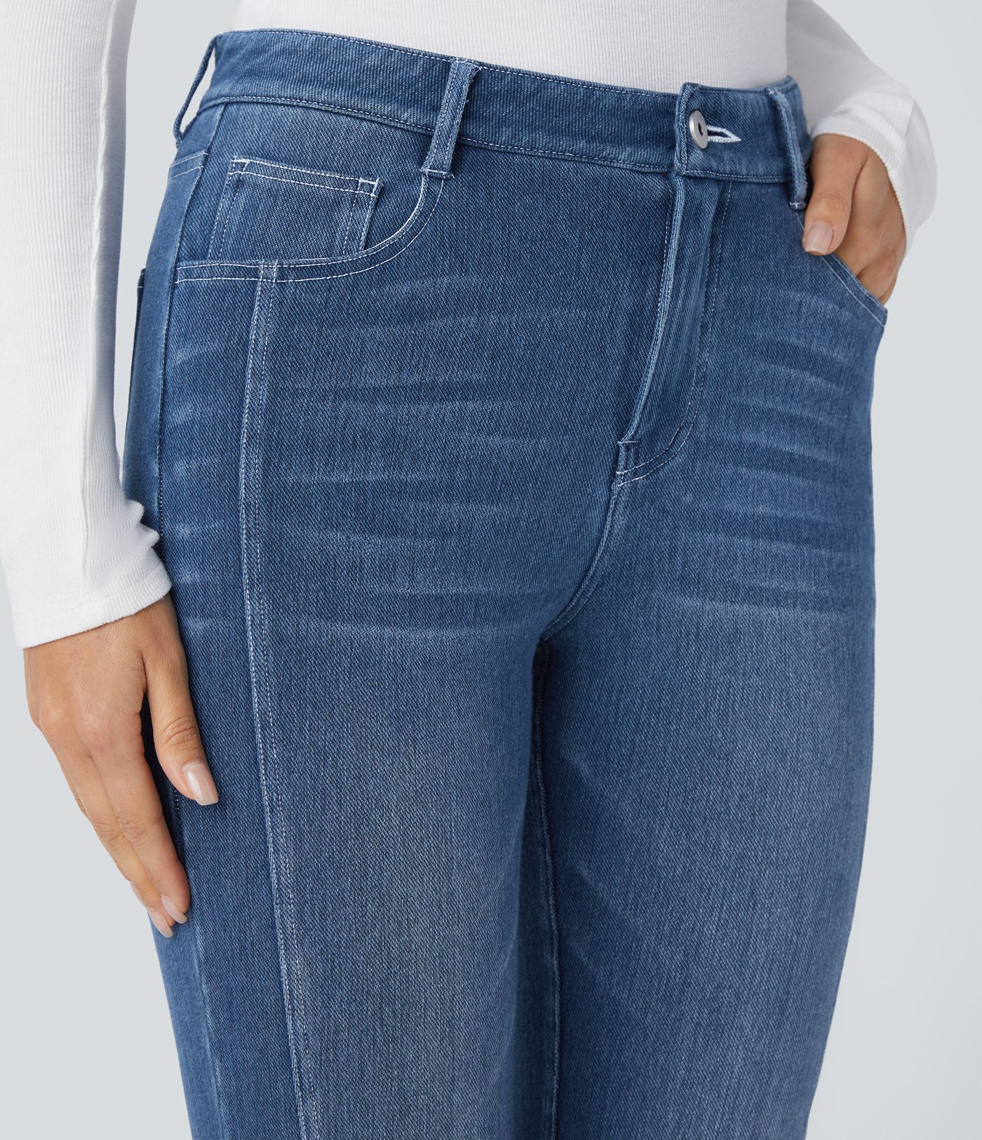 Halara Flex™ Mid Low Rise Button Zipper Multiple Pockets Stretchy Knit Casual Jeans Halara Flex™ Mid Low Rise Button Zipper Multiple Pockets Stretchy Knit Casual Jeans