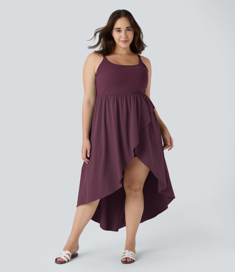 Breezeful™ Asymmetric Crossover Hem 2-Piece Pocket Flowy Midi Quick Dry Casual Plus Size Dress