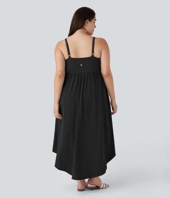 Breezeful™ Backless Asymmetric Crossover Hem 2-Piece Side Pocket Flowy Midi Quick Dry Casual Plus Size Dress