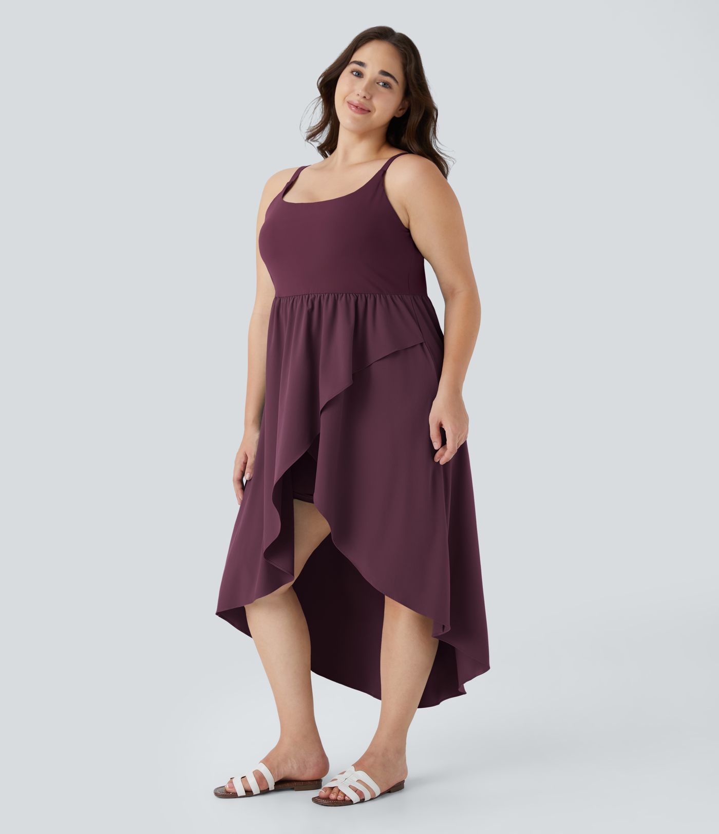 Breezeful™ Backless Asymmetric Crossover Hem 2-Piece Side Pocket Flowy Midi Quick Dry Casual Plus Size Dress