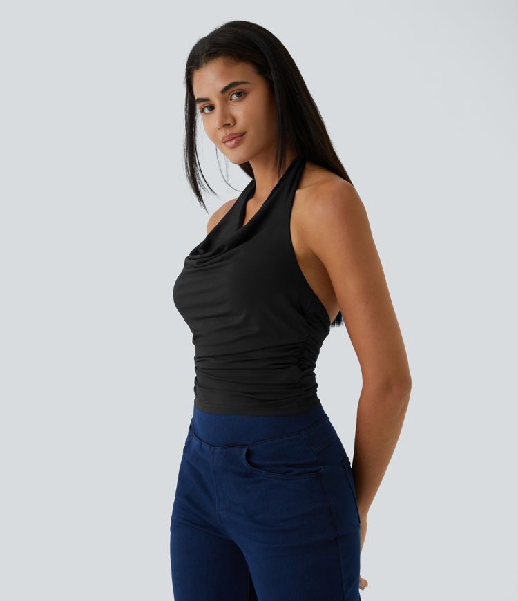 Halter Cowl Neck Backless Ruched Casual Tank Top