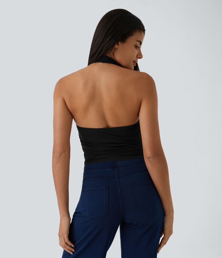 Halter Cowl Neck Backless Ruched Casual Tank Top