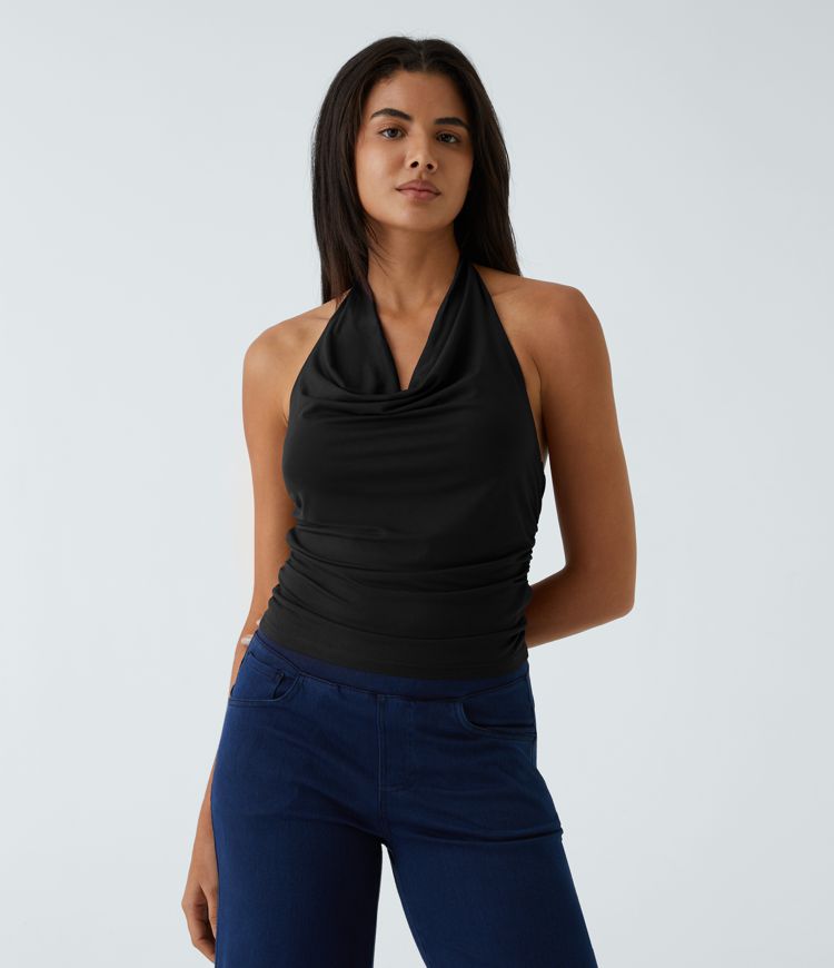 Halter Cowl Neck Ruched Casual Tank Top