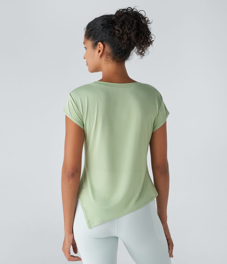Sheer Round Neck Short Sleeve Split Asymmetrical Hem Jacquard Yoga Sports Top