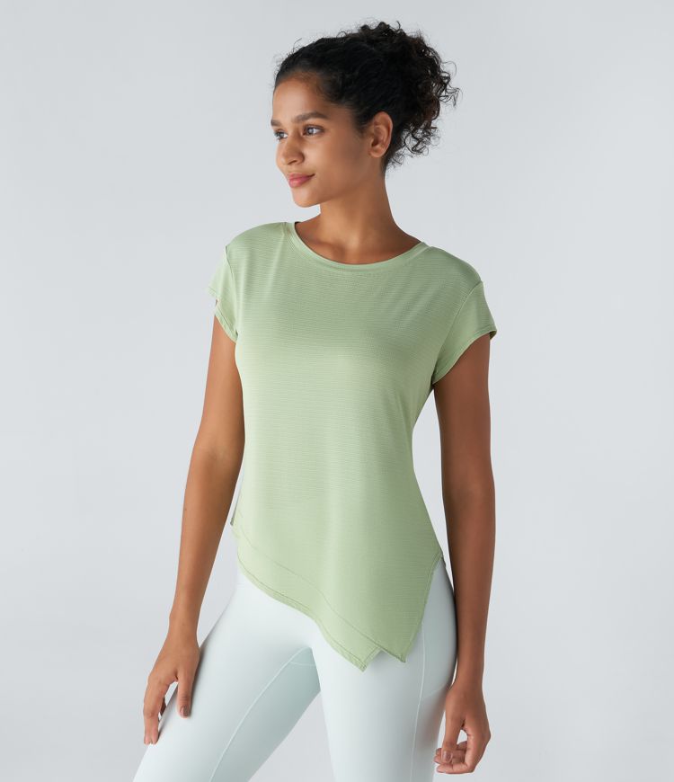 Sheer Round Neck Short Sleeve Split Asymmetrical Hem Jacquard Yoga Sports Top