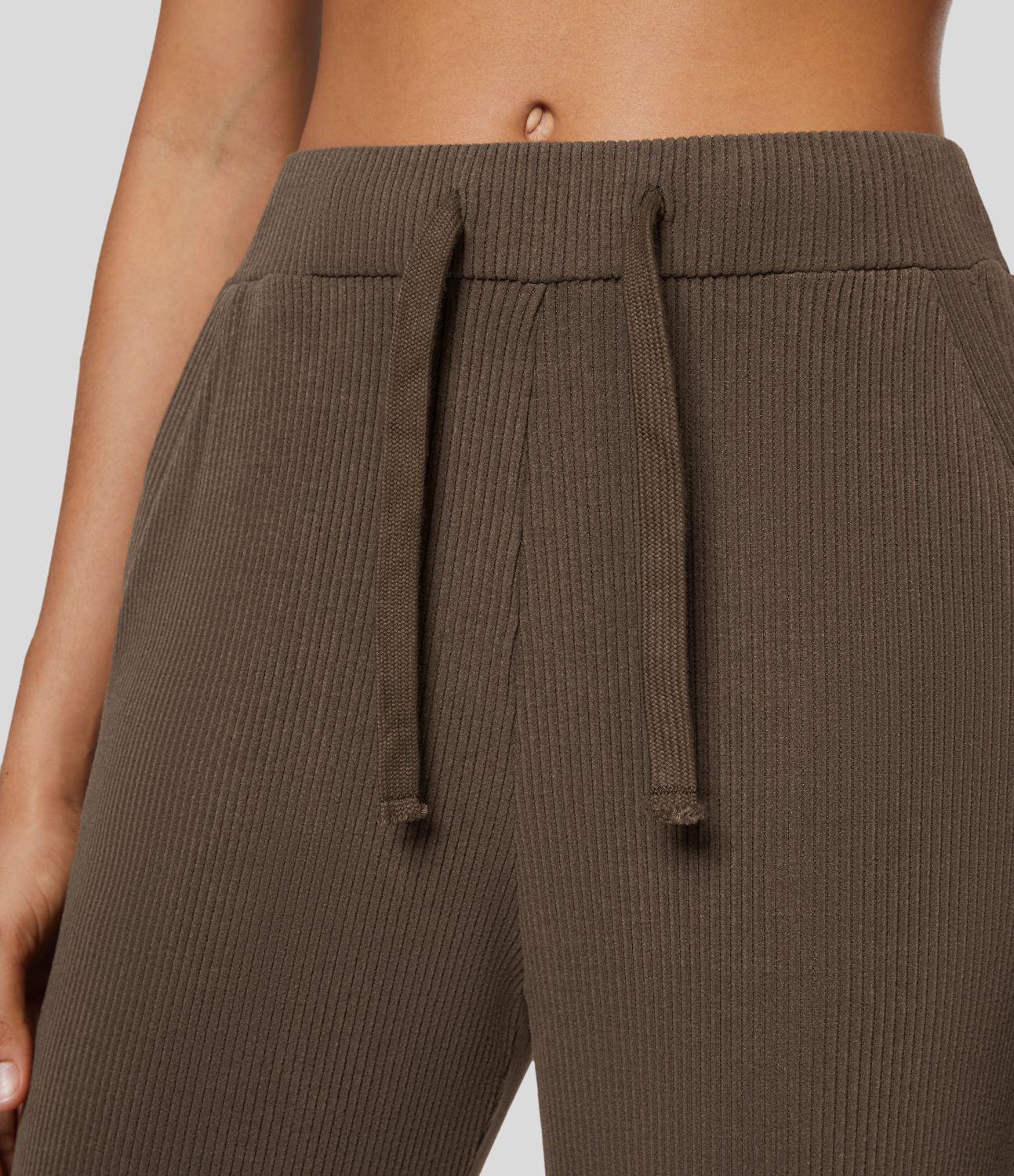 Ribbed Knit Mid Rise Drawstring Multiple Pockets Casual Joggers