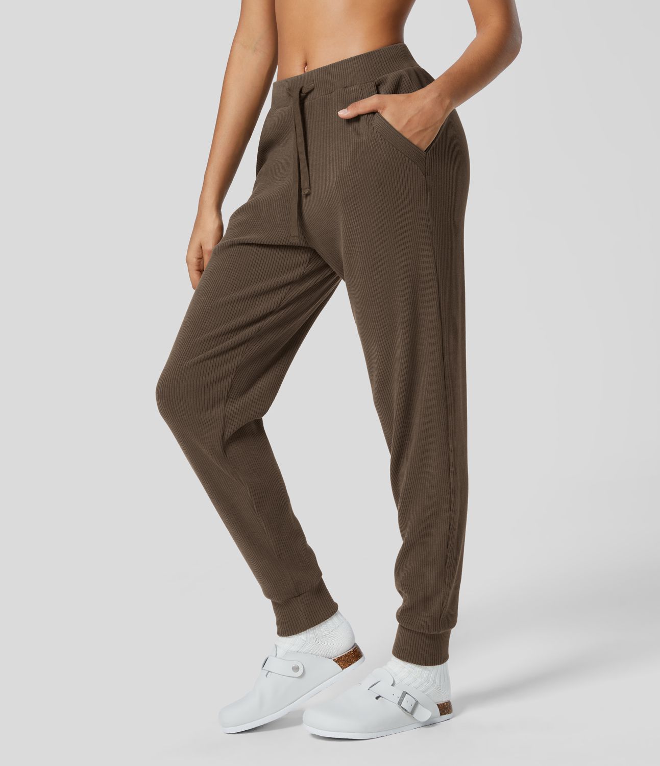 Ribbed Knit Mid Rise Drawstring Multiple Pockets Casual Joggers