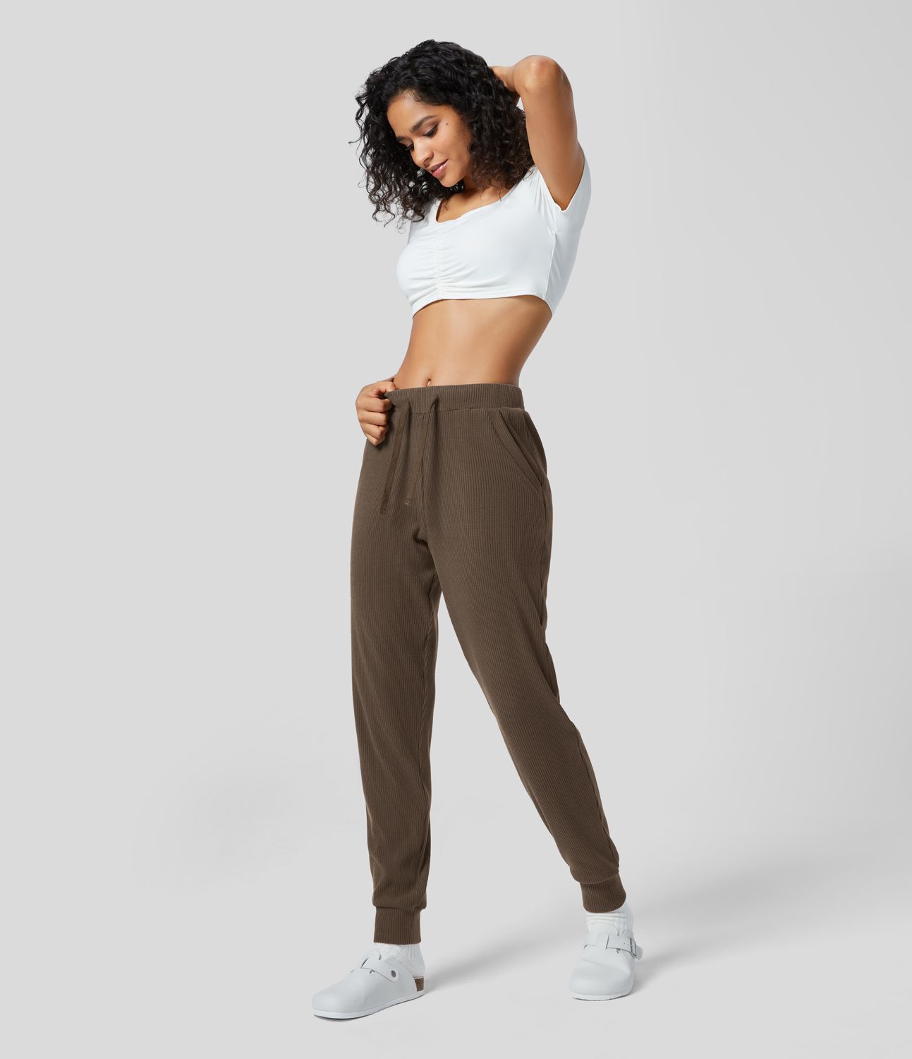 Ribbed Knit Mid Rise Drawstring Multiple Pockets Casual Joggers