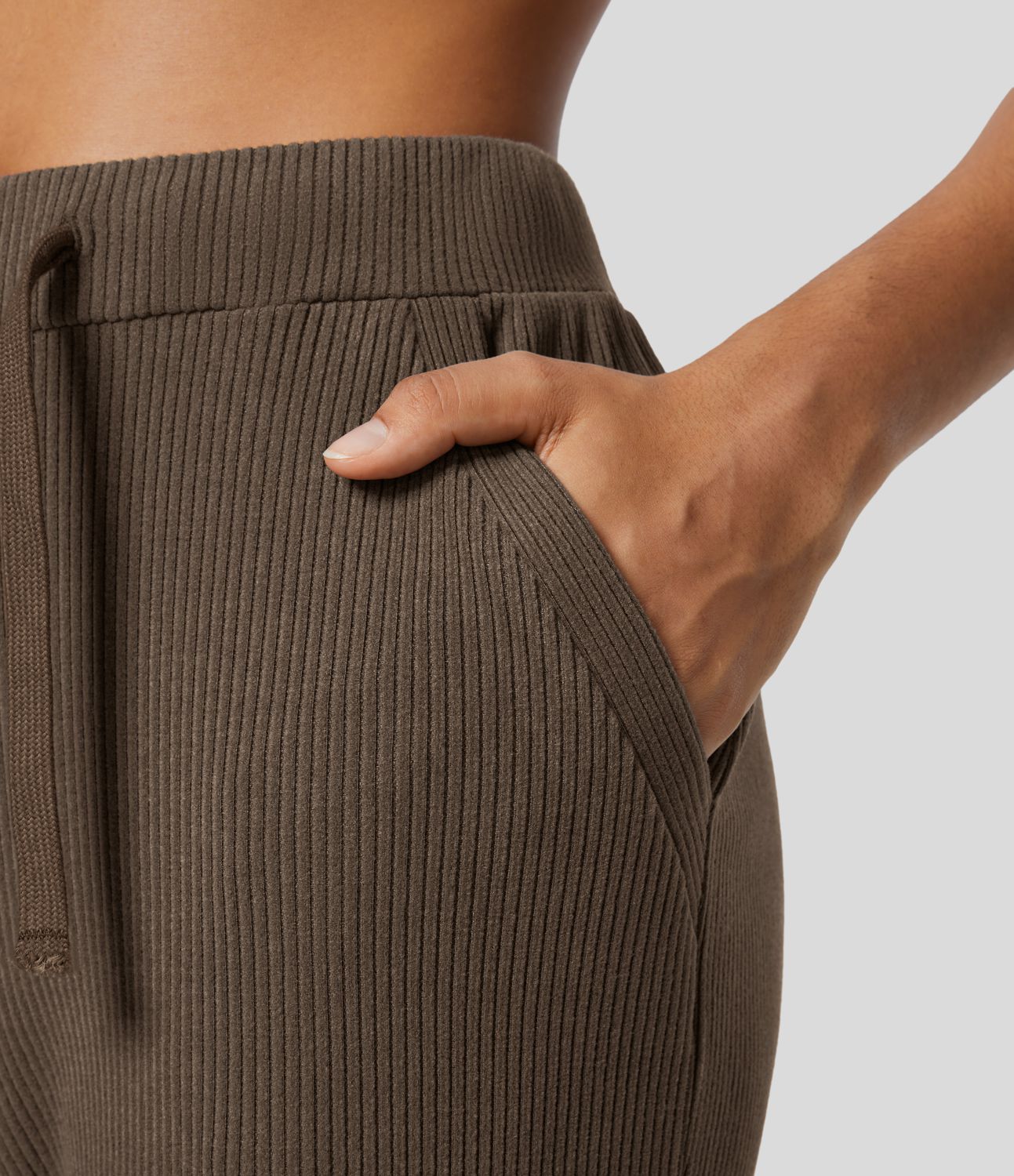 Ribbed Knit Mid Rise Drawstring Multiple Pockets Casual Joggers