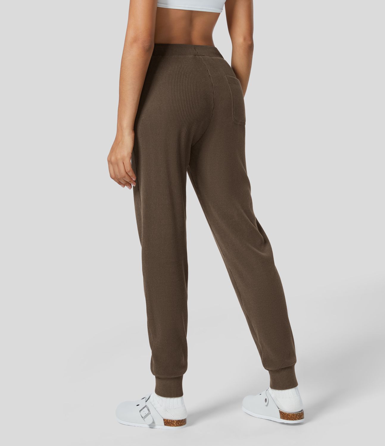 Ribbed Knit Mid Rise Drawstring Multiple Pockets Casual Joggers