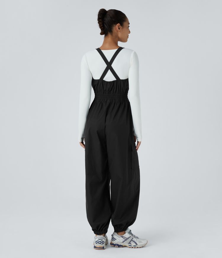 Waterproof, abrasion-resistant adjustable strap, cross zipper, multiple pockets camping overall.