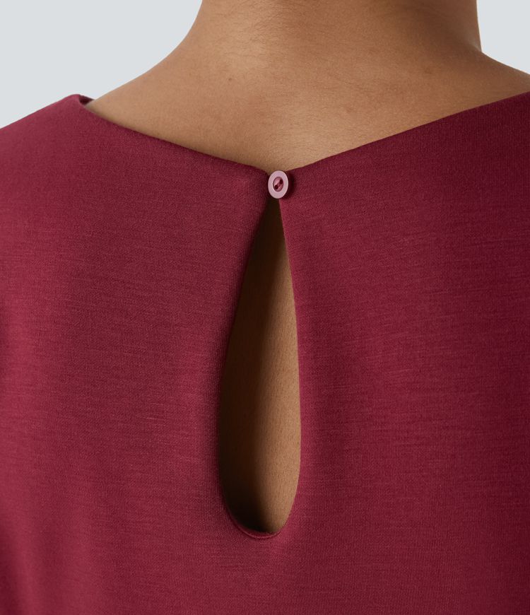 Short Sleeve Keyhole Back Tie Pocket Casual Jumpsuit