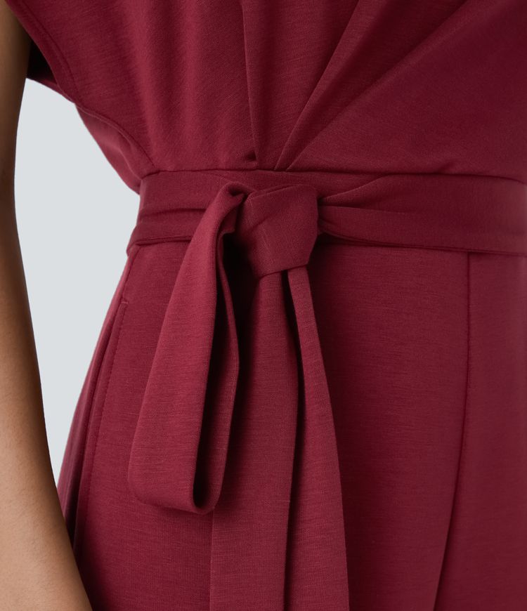 Short Sleeve Keyhole Back Tie Pocket Casual Jumpsuit