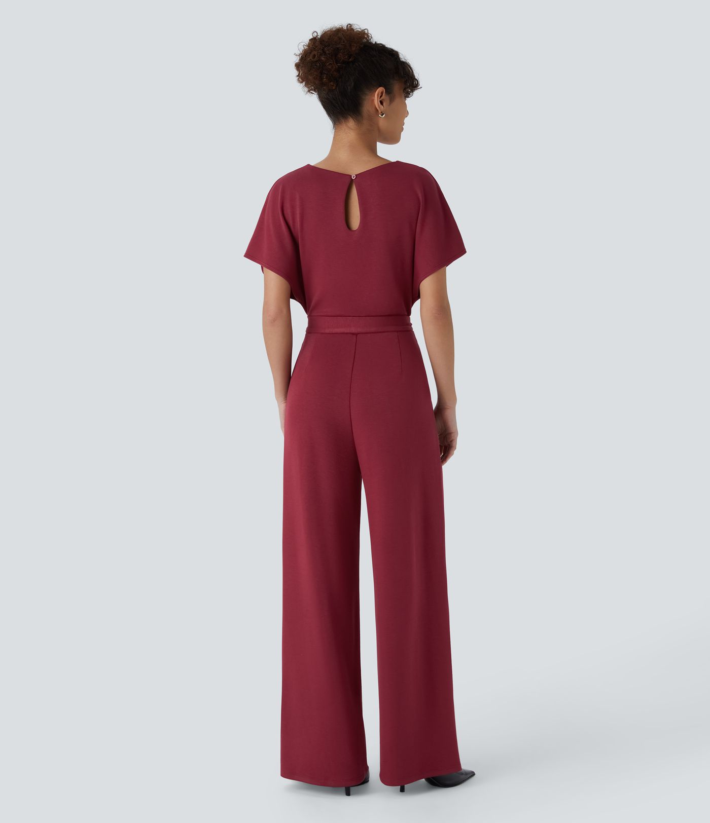 Short Sleeve Keyhole Back Tie Pocket Casual Jumpsuit