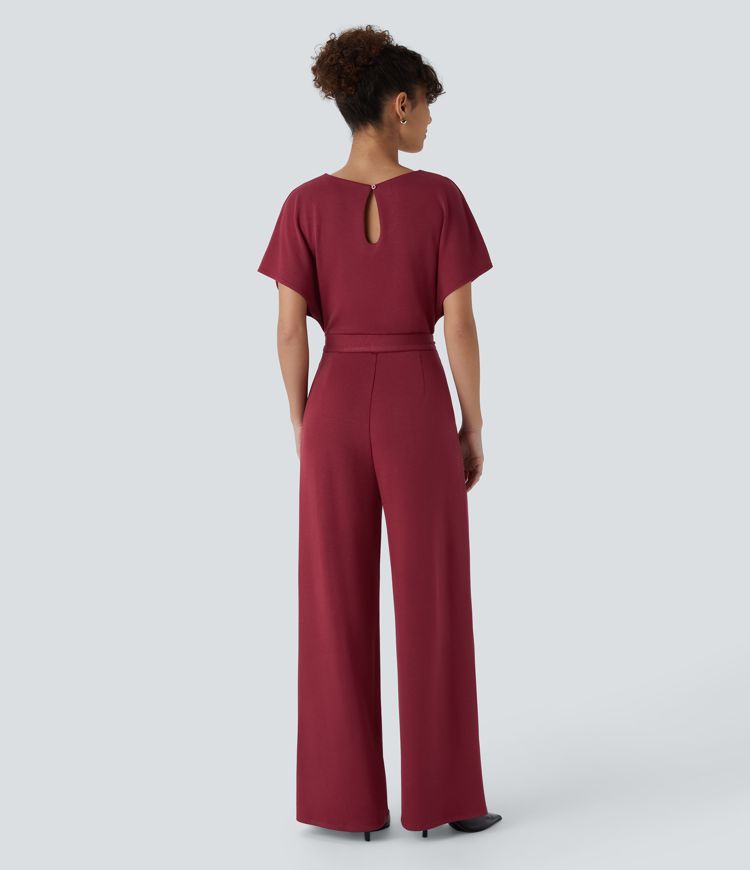 Short Sleeve Keyhole Back Tie Pocket Casual Jumpsuit