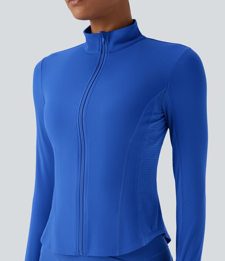 Veste de yoga SoftlyZero™ à contraste doux, perforée, avec trou pour le pouce, ourlet incurvé et fermeture éclair