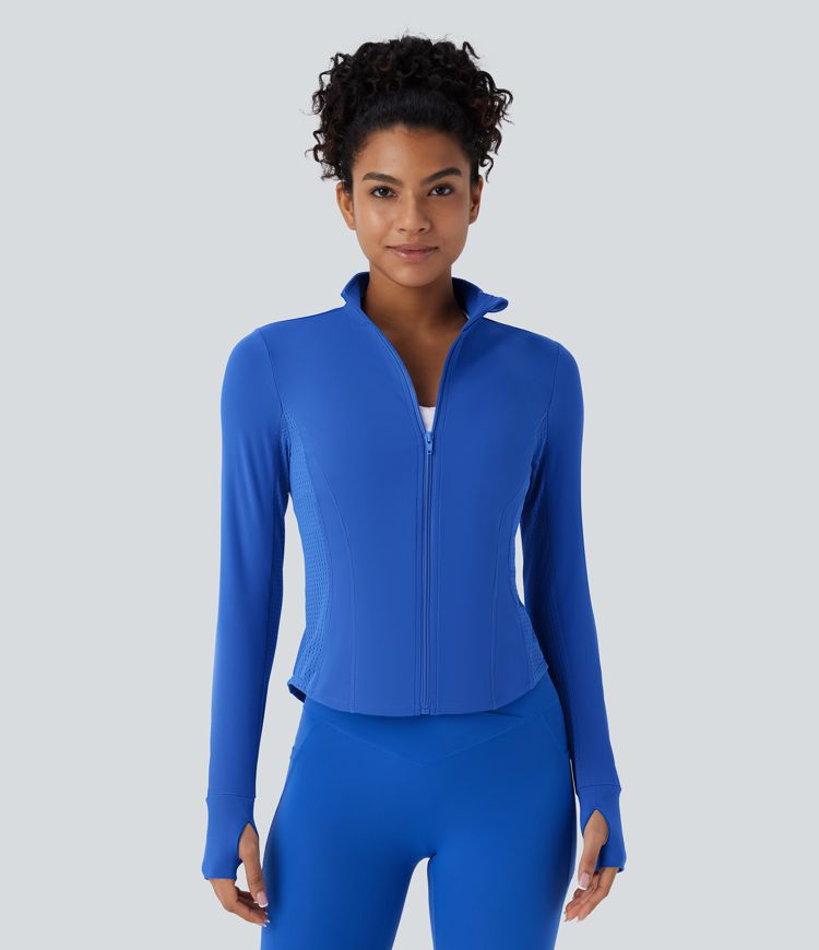 Veste de yoga SoftlyZero™ à contraste doux, perforée, avec trou pour le pouce, ourlet incurvé et fermeture éclair