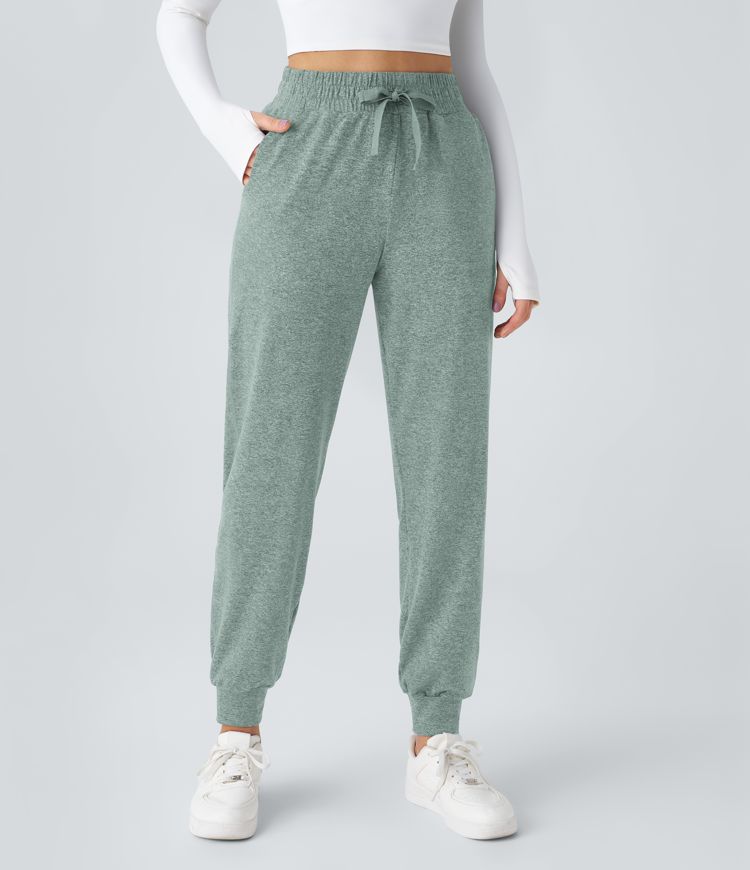 High Waisted Drawstring Pocket Ruched Yoga Joggers with Pockets