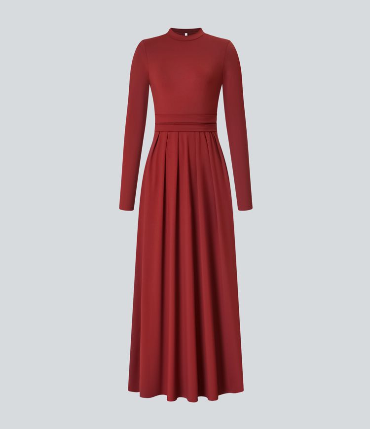 Mock-neck Long Sleeve Pocket Flare Maxi Casual Dress