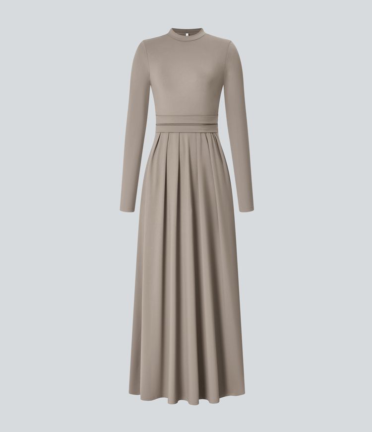 Mock-neck Long Sleeve Pocket Flare Maxi Casual Dress
