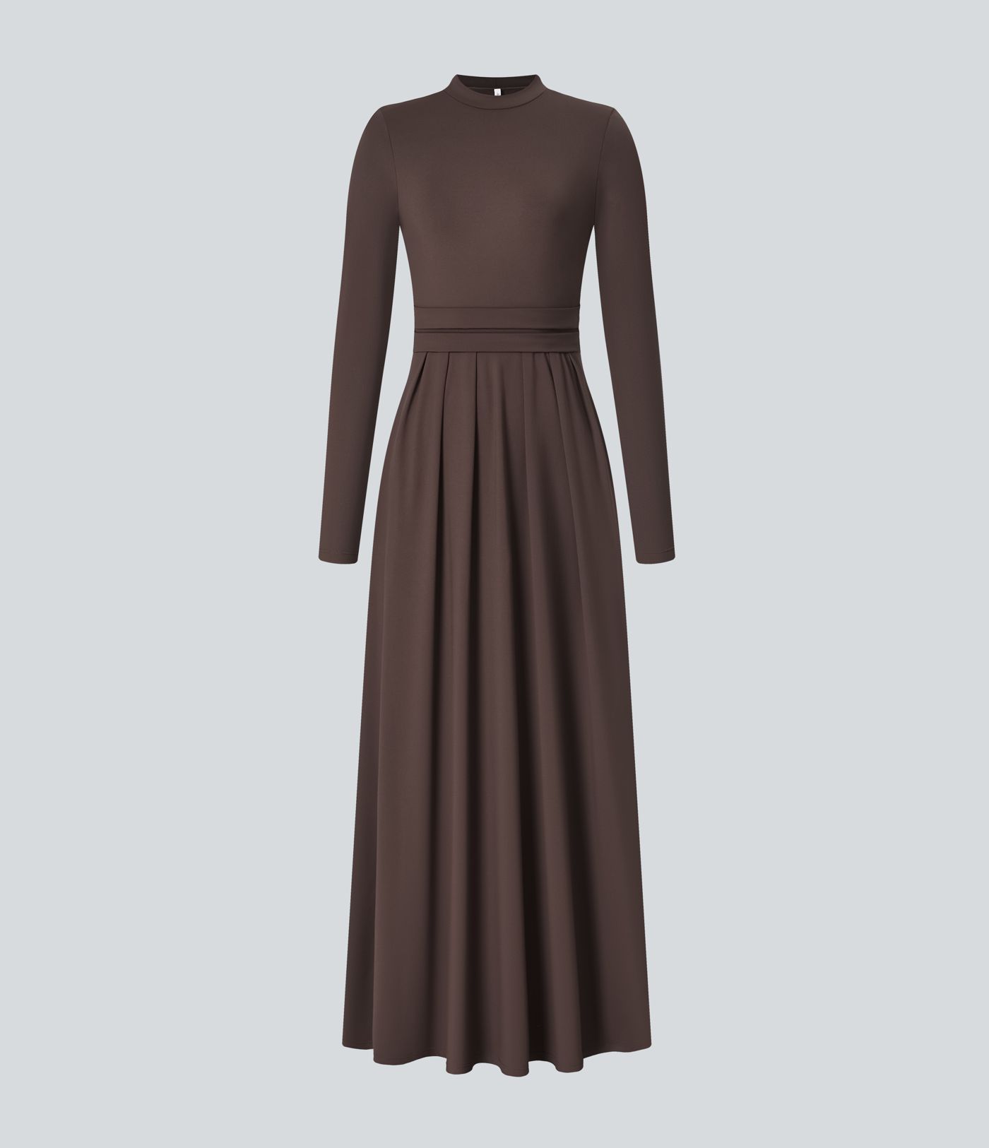 Mock-neck Long Sleeve Pocket Flare Maxi Casual Dress
