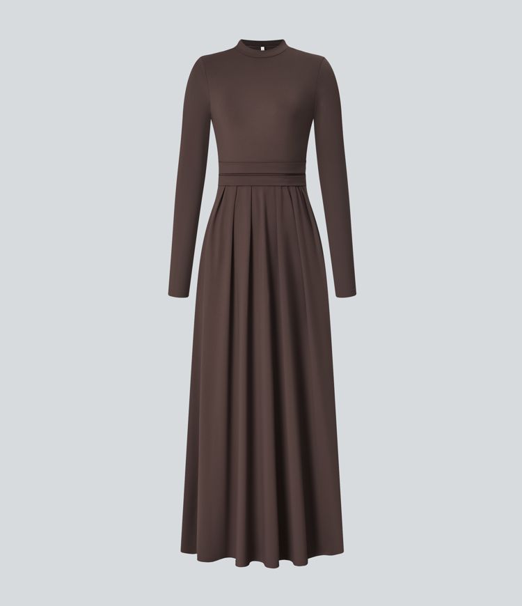 Mock-neck Long Sleeve Pocket Flare Maxi Casual Dress