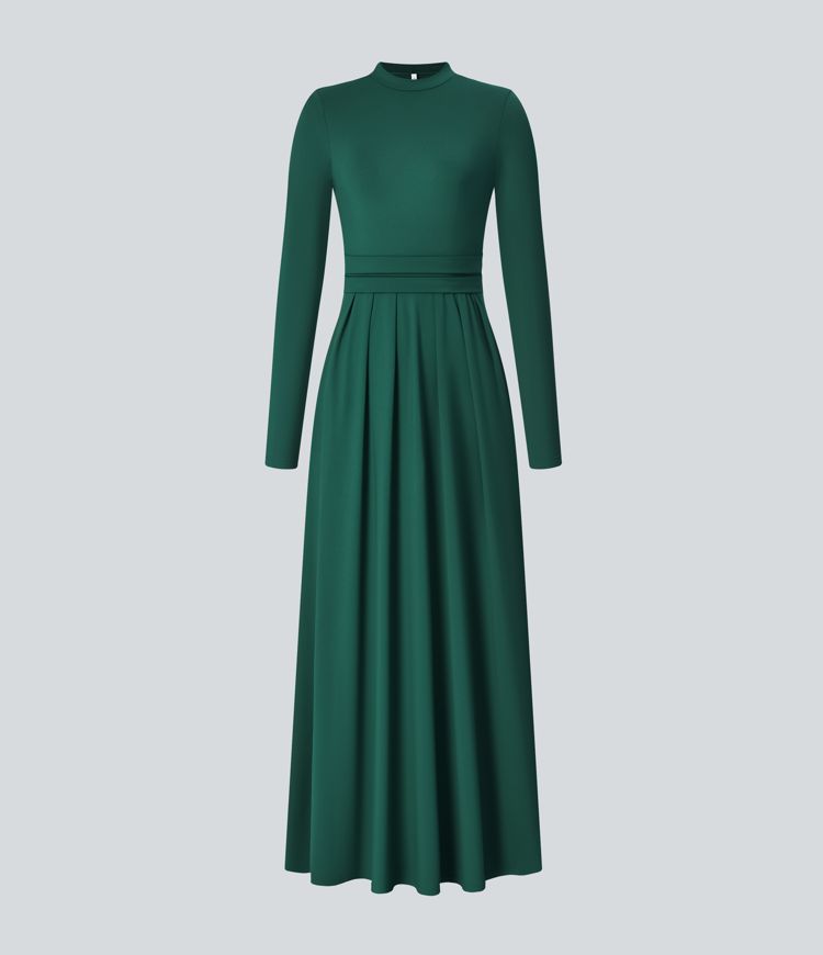 Mock-neck Long Sleeve Pocket Flare Maxi Casual Dress