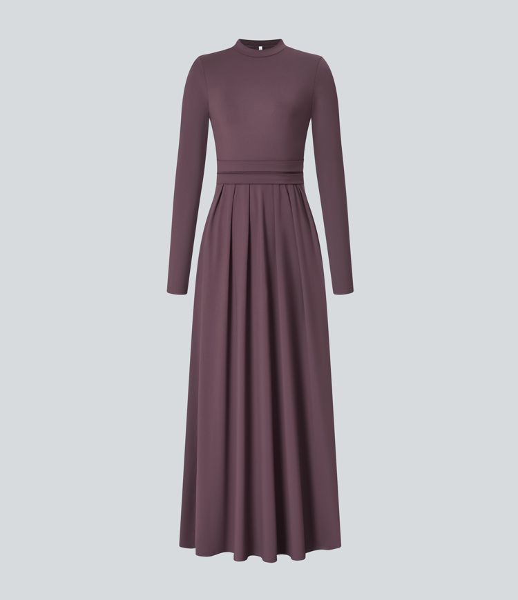 Mock-neck Long Sleeve Pocket Flare Maxi Casual Dress