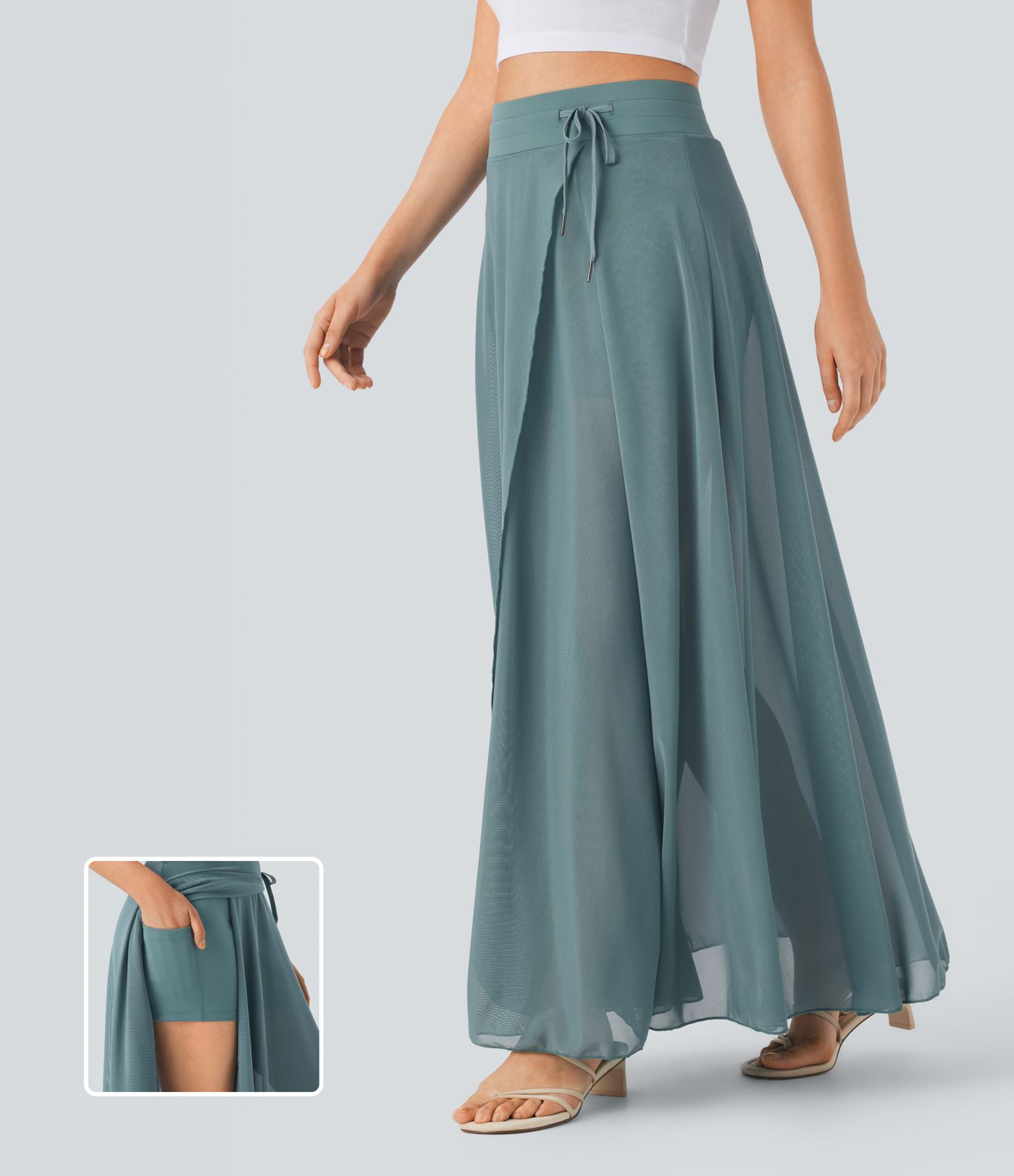 Φούστα Casual Maxi Flare με Κορδόνι στη Μέση, Αντίθεση Mesh, 2-σε-1 Τσέπη και Ρέουσα Γραμμή